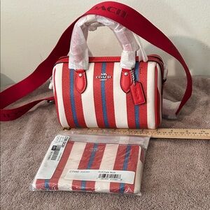 Coach Red and Blue Striped Mini Rowen with wristlet, canvas.  NWT